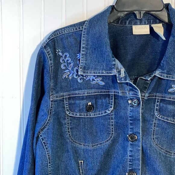 Erika Denim Jacket Womens Size Xlarge Blue Embroidered Floral Button Up Long Slv - Picture 2 of 12